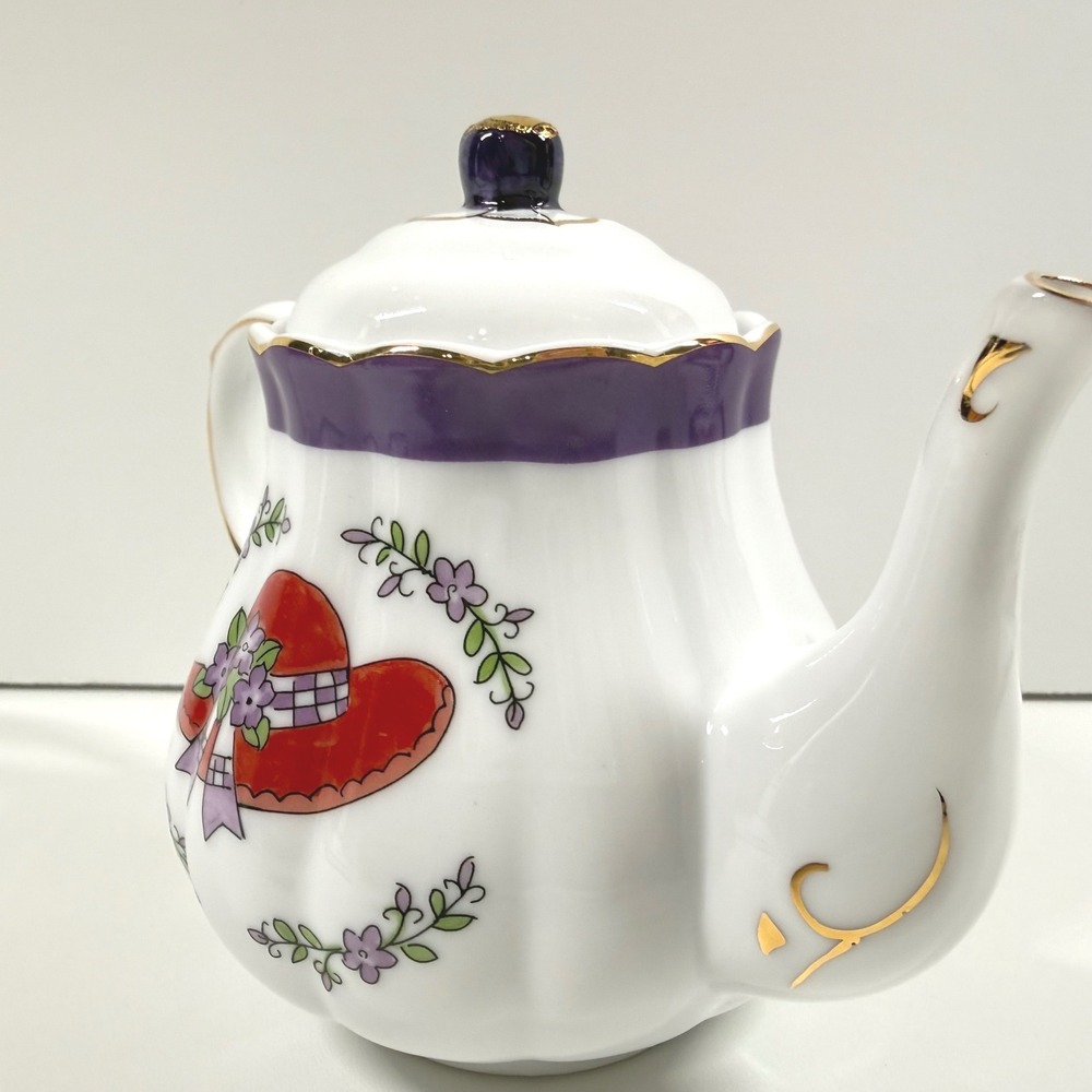 Vintage Teapot Red Hat Society Floral Purple Gold Trim Tea Party Decor Gift - Picture 2 of 11